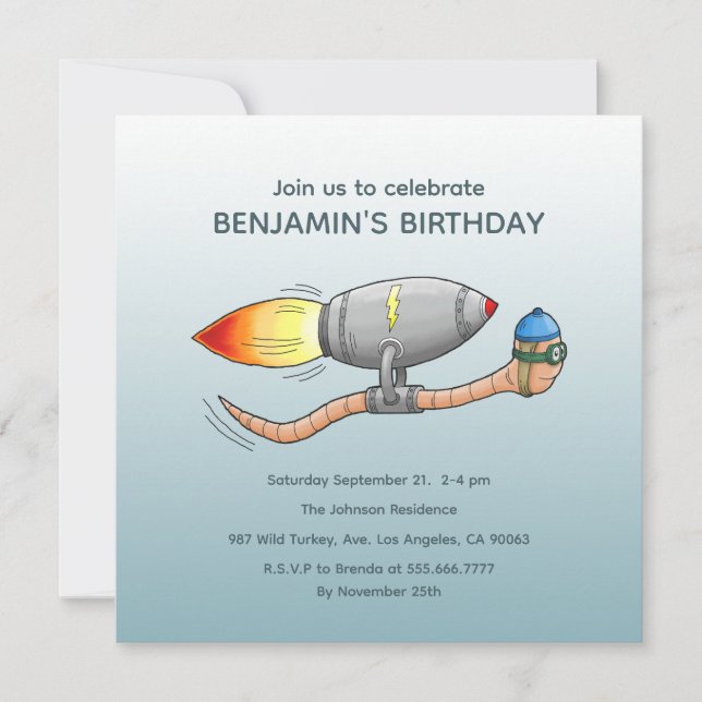 Convite para Aniversário do Speedy Rocket Worm (Frente)