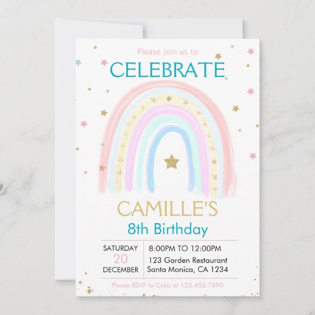 Convite para aniversário Dourado Rainbow Pastel, c (Frente)