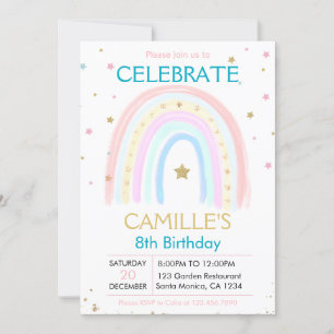 Convite para aniversário Dourado Rainbow Pastel, c