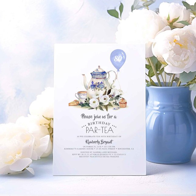 Convite para Aniversário Floral Elegante Par-tea (Dusty Blue Par-Tea Birthday Invitations)