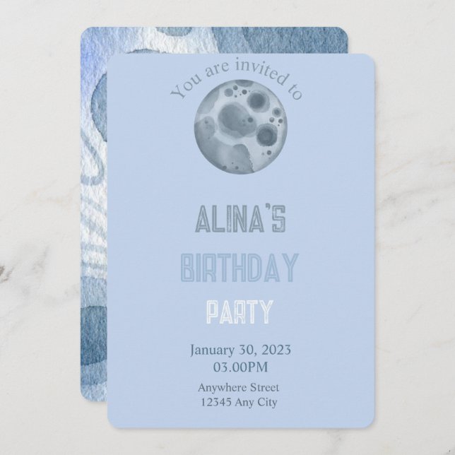 Convite para aniversário no tema da lua (Frente/Verso)