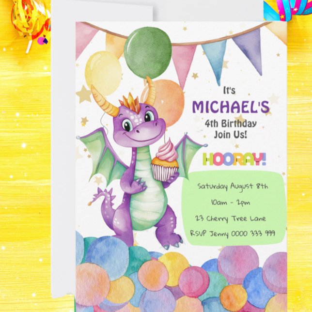 Convite para Aniversários de criança de Dragões Cu (Cute Watercolor Dragon Birthday Invitation | Personalized Kids Party)