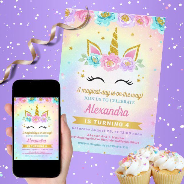 Convite para Aniversários de criança Unicorn e Ros (Magical Unicorn and Roses Birthday Invitation-Fully Customized!)
