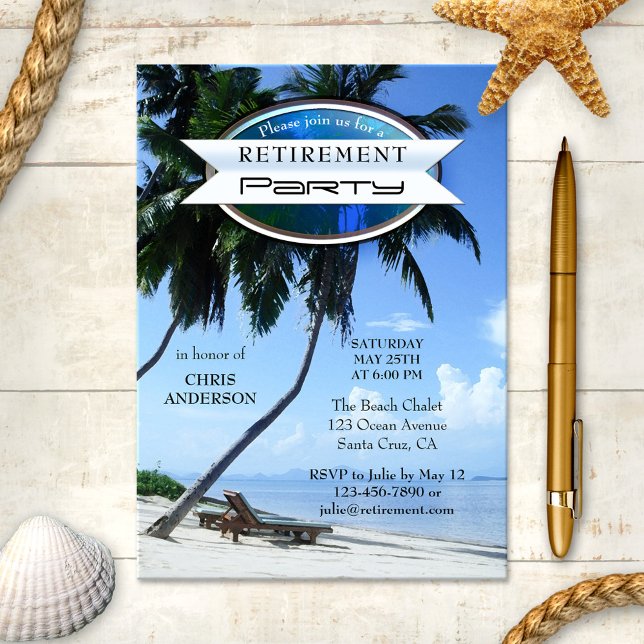 Convite para aposentadoria de presidente da Tropic (Retirement party invitation featuring lounge chairs on a tropical beach with palm trees)