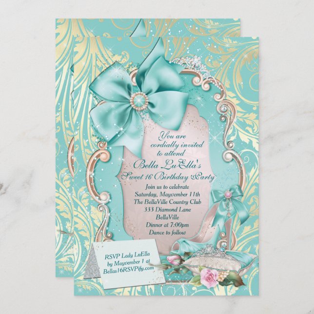 Convite para Aqua & Dourada Princess Sweet 16 (Frente/Verso)