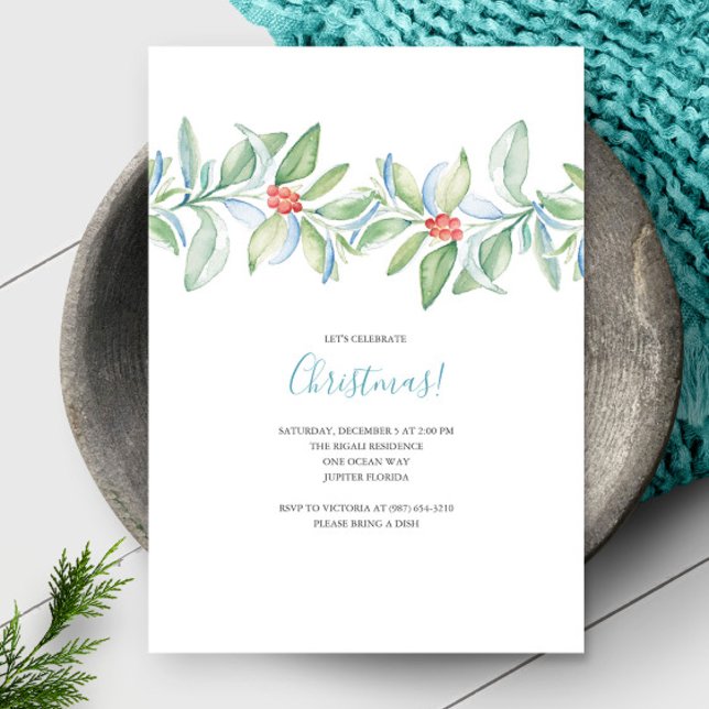 Convite para Aquarelas de Natal Botânico (Christmas invitations unique watercolor greenery and red berries by Victoria Grigaliunas)