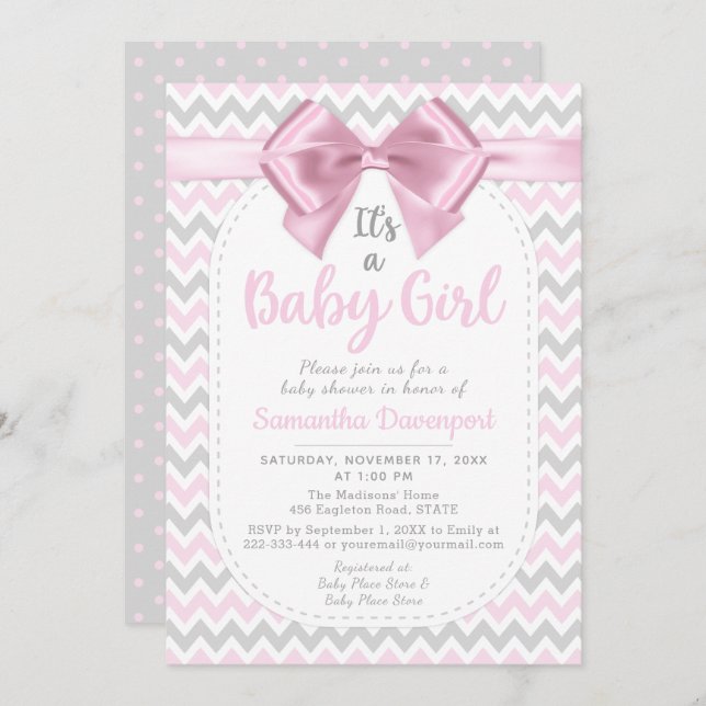 Convite para Arco de Chá de fraldas Chevron Rosa (Frente/Verso)
