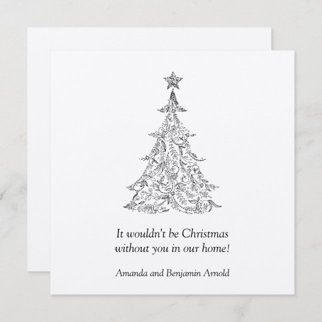 Convite para Árvore de Feriado Preto e Prateado (Frente/Verso)