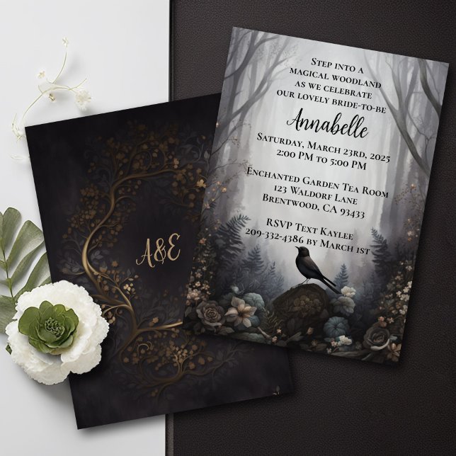 Convite para aves florestais entonadas (An enchanted forest bird invitation in a dark and moody style. )