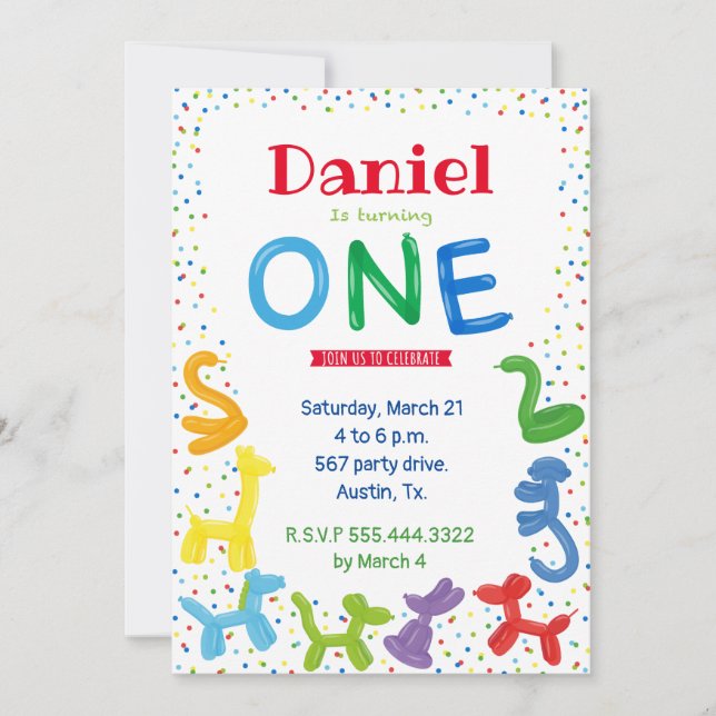 Convite para balões de animais do primeiro ano (Frente)