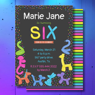 convite para balões de animais neoneses de 6 aniv