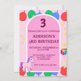 Convite para Balões de aniversário de 3 anos unicó