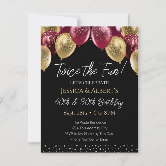 Convite para Balões Vermelho e Dourado de Duplo An (Frente)