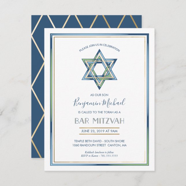Convite para Bar de Menino Mitzvah; Estrela de Dav (Frente/Verso)
