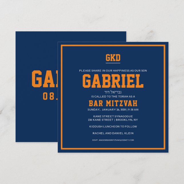 Convite para Bar Mitzvah Orange & Blue Sports (Frente/Verso)