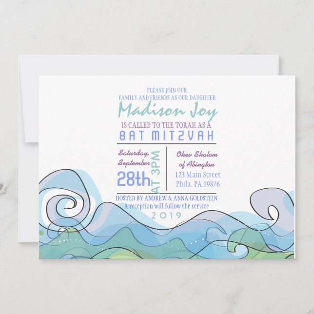 Convite para Bat Mitzvah, Bar de Onda BEACHY Ocean (Frente)