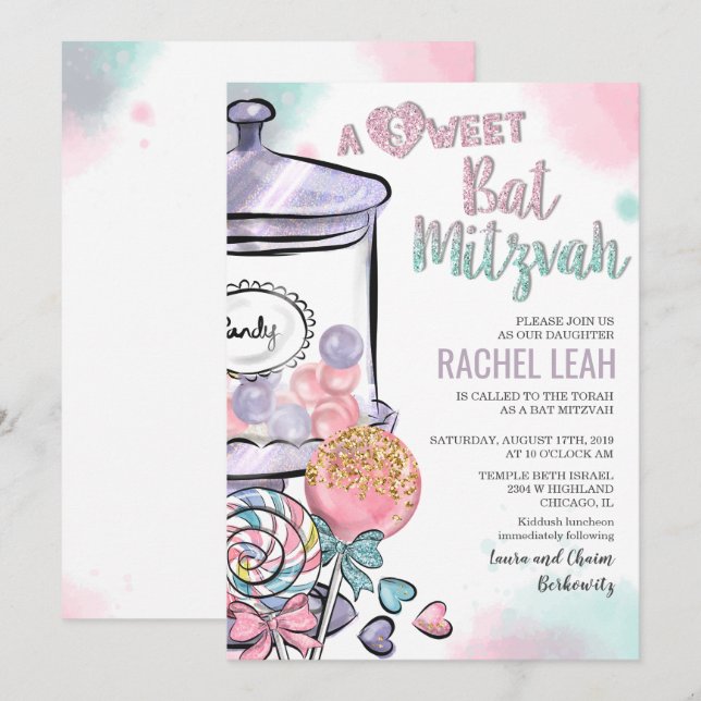 Convite para Bat Mitzvah Candyland (Frente/Verso)