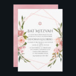 Convite para Bat Mitzvah, cor-de-rosa,<br><div class="desc">Chamada de morcego mitzvah cor-de-água rosa embebida com acentos de verde-sábio adornando um quadro geométrico dourado.</div>