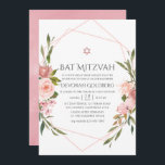Convite para Bat Mitzvah, cor-de-rosa,<br><div class="desc">Chamada de morcego mitzvah cor-de-água rosa embebida com acentos de verde-sábio adornando um quadro geométrico dourado.</div>