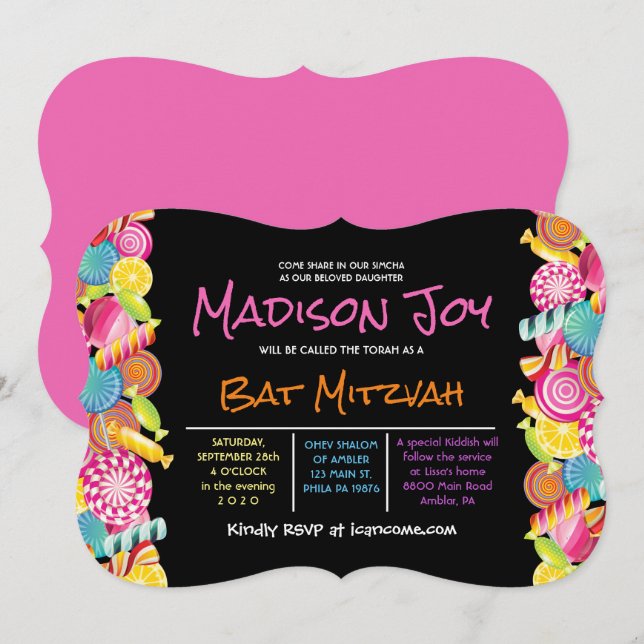 Convite para Bat Mitzvah, cor-de-rosa, da Universi (Frente/Verso)