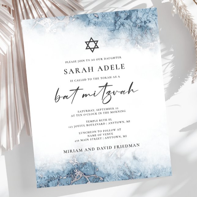 Convite para Bat Mitzvah de Prata Azul de Orçament (Criador carregado)