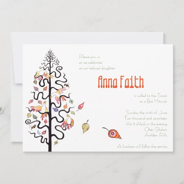 Convite para Bat Mitzvah Falling Leaves Birds & Be (Frente)