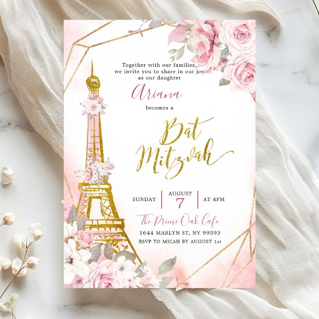 Convite para Bat Mitzvah Rosa Bege Suave Paris (Criador carregado)