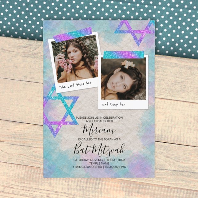 Convite para Bat Mitzvah Turquesa e Pink (sparkly glitter stars, turquoise and pink bat mitzvah party invitation, 12th birthday)