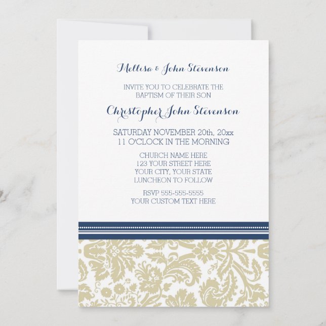 Convite para Batismo Azul Beige Damask (Verso)