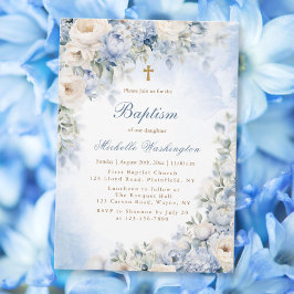 Convite para Batismo Azul e Flor de Marfim