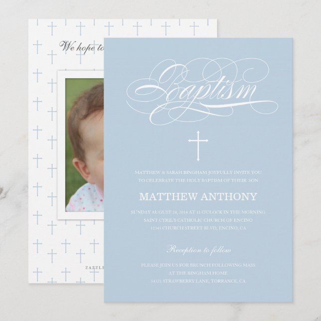 Convite para Batismo Azul Elegante | Christening (Frente/Verso)