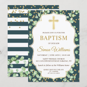 Convite para Batismo com Glitter Dourado Verde Mod