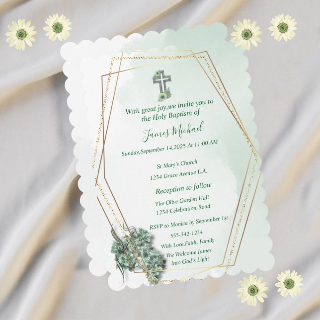 Convite para Batismo Cruzado Elegante Verde e Dour (Criador carregado)