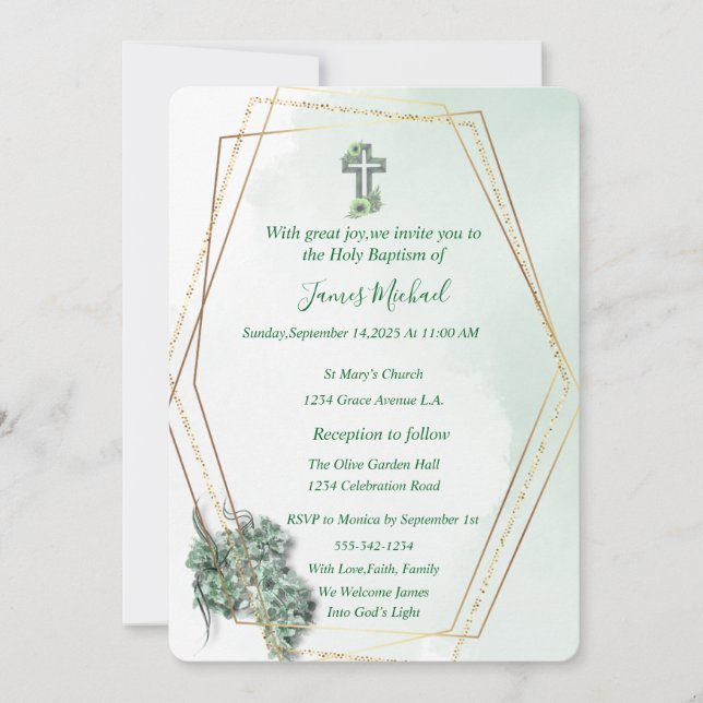 Convite para Batismo Cruzado Elegante Verde e Dour (Frente)