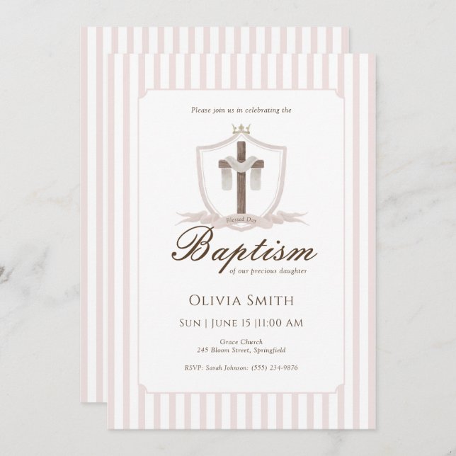 Convite para Batismo Cruzado Rosa (Frente/Verso)