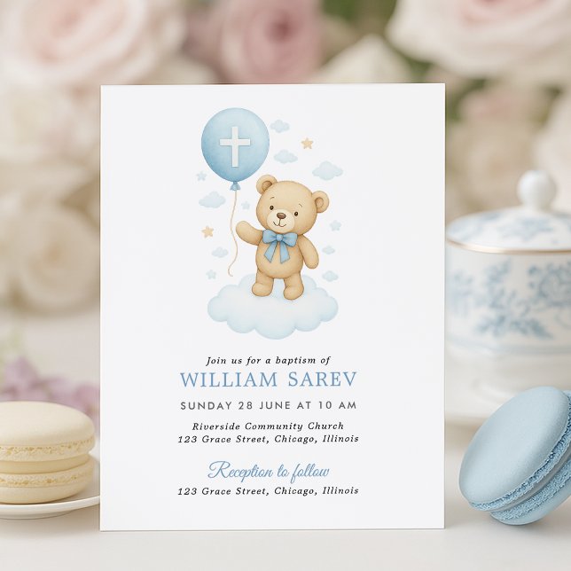 Convite para Batismo de Bebê do Orçamento com Ursi (Budget-friendly baptism invite with teddy and cross balloon – pastel tea party setup)