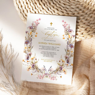 Convite para Batismo de Flor Selvagem Roxo Elegant