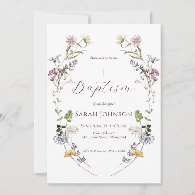 Convite para Batismo de Flores Selvagens (Frente)