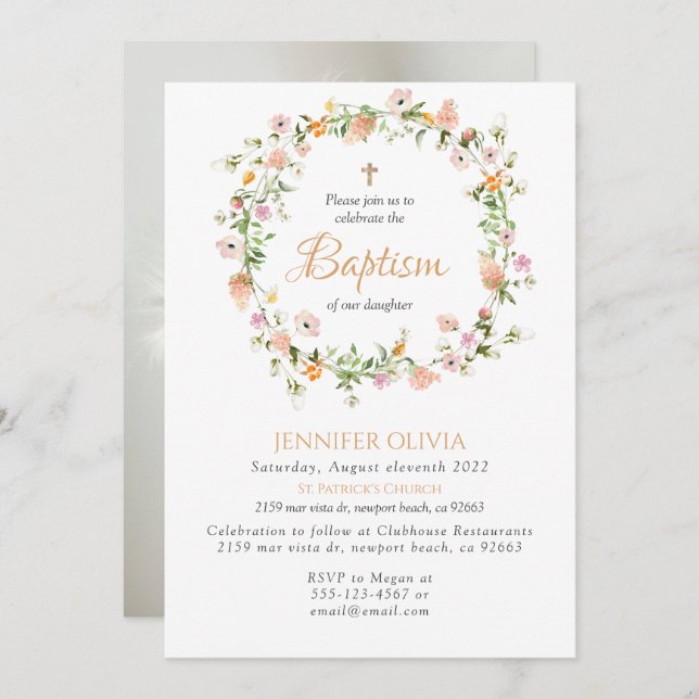 Convite para Batismo de Garota de Flor Selvagem (Frente/Verso)