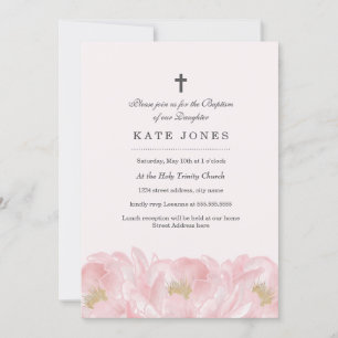 Convite para Batismo de Peony Rosa Elegante
