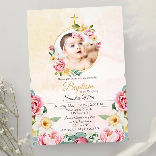 Convite para Batismo do Jardim da Flor Amarela Doc (Sweet Yellow-pink Flower Garden Baptism Invitation)