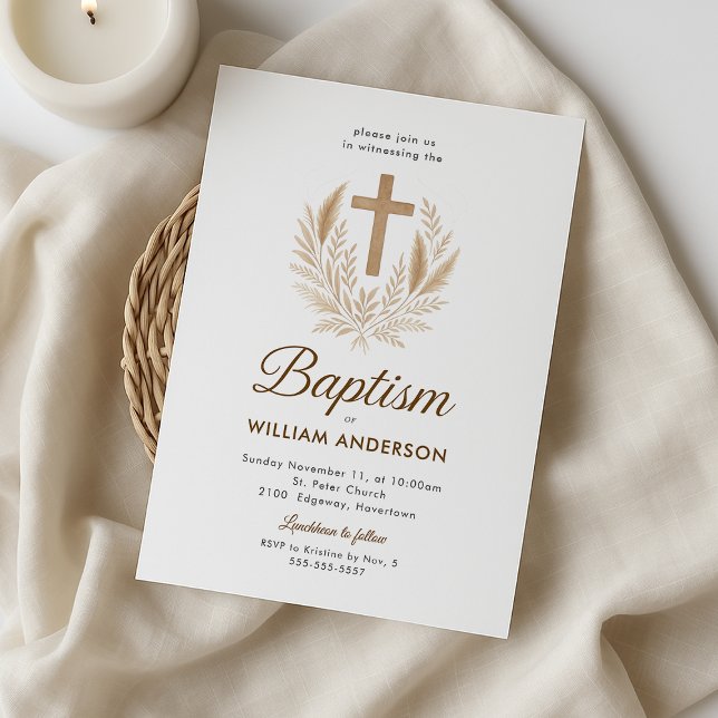 Convite para Batismo Elegante com Cruz Dourada e O (Elegant baptism invitation with a gold cross and olive wreath, perfect for a baby boy.)