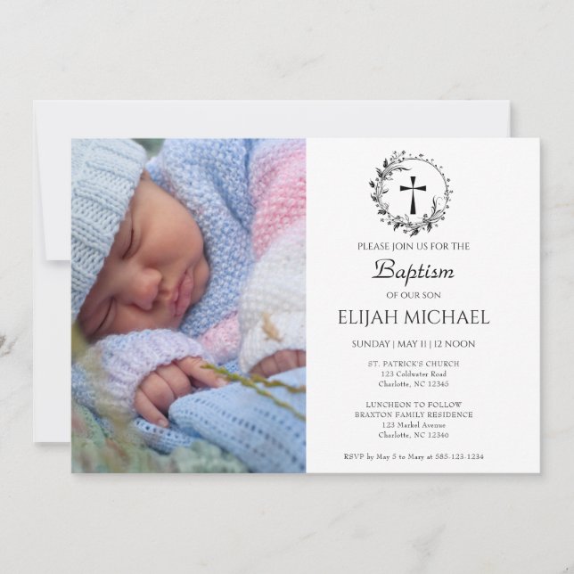 Convite para Batismo Fotográfico Branco Moderno El (Frente)