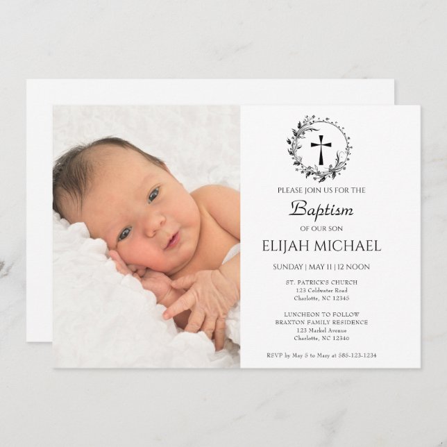 Convite para Batismo Fotográfico Branco Moderno El (Frente/Verso)