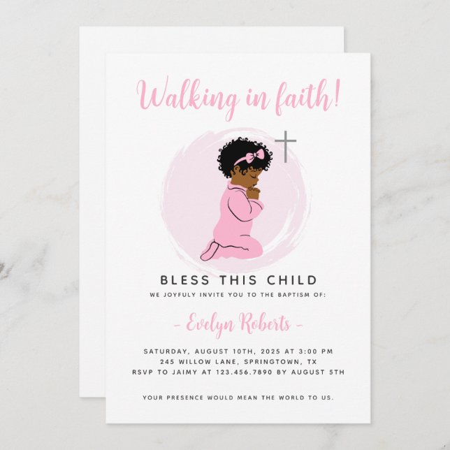 Convite para Batismo Rosa - Garota Negra Oradora (Frente/Verso)