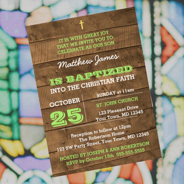 Convite para Batismo Verde de Barnwood (Criador carregado)