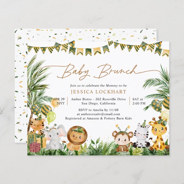 Convite para Bebê da Selva Tropical Cute de Orçame (Frente/Verso)