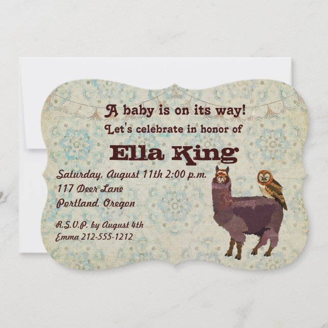 Convite Para Bebê Floral Da Violet Llama & Owl (Frente)