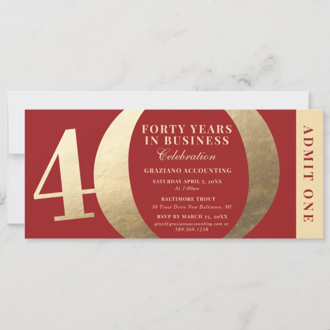 Convite para Bilhete de Gala de Aniversário de 40  (Frente)