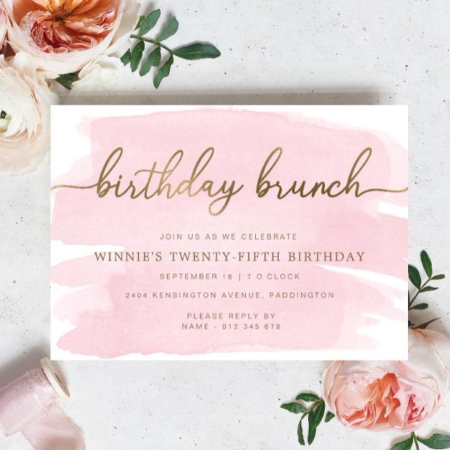 Convite para Birthday Dourado de Cor de Água Rosa (Birthday Brunch Invitation prink Watercolour Gold )